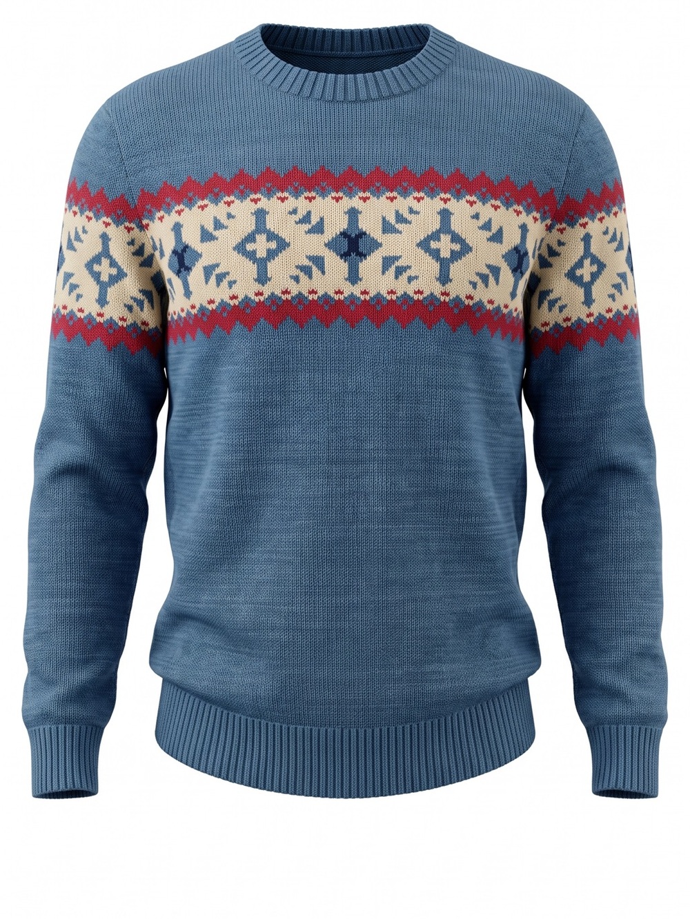 urban pipeline Blue Fair Isle Crewneck Sweater with Red and Cream Accents